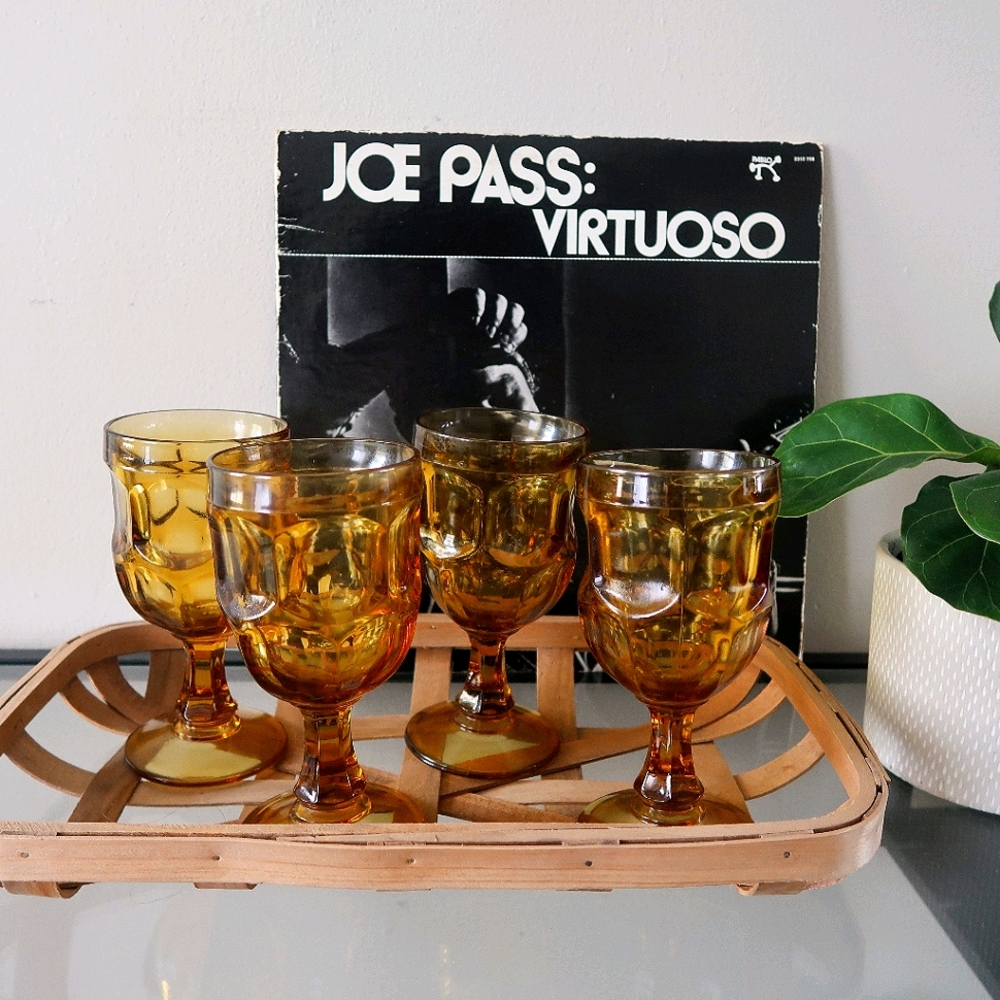 4 Amber Goblet Wine Glasses